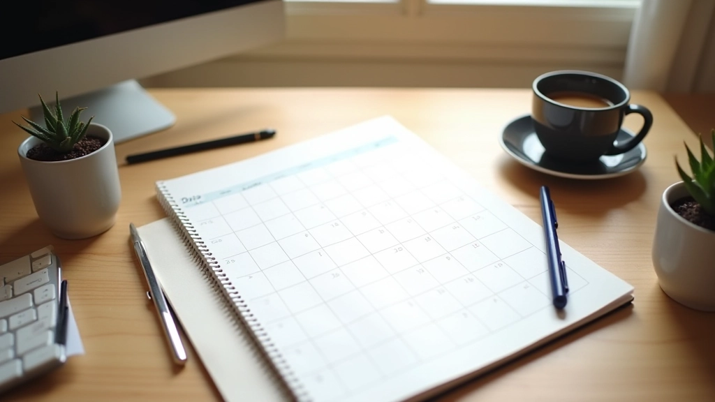 Calendrier avec marques sur plusieurs jours, carnet à côté, symbole de routine établie, table de travail organisée