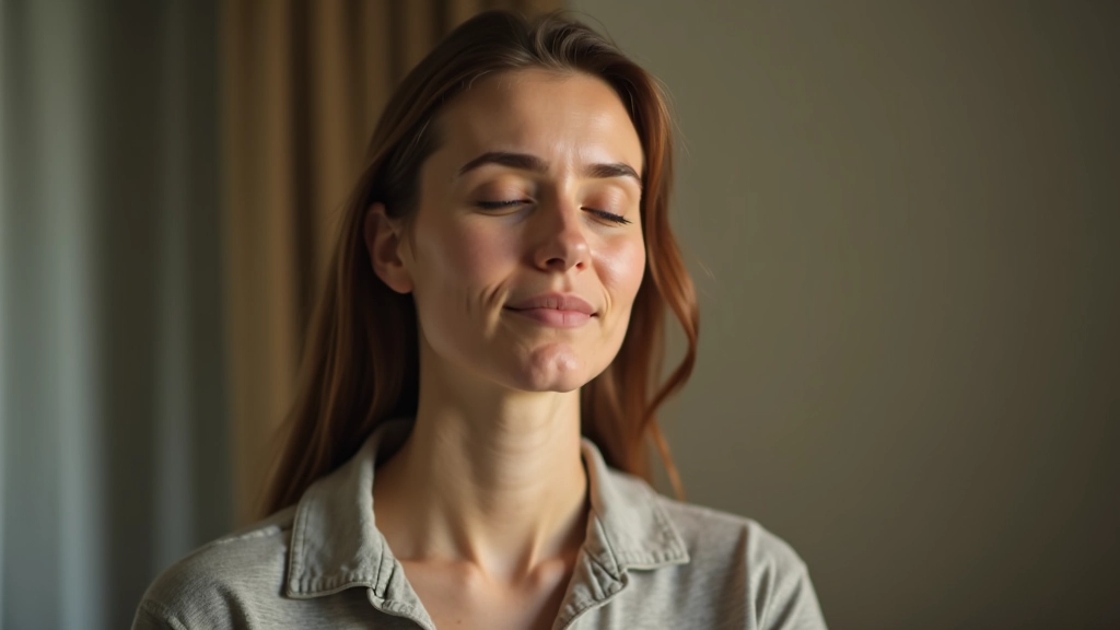 Gros plan d'une personne respirant profondément avec les yeux fermés dans un environnement zen