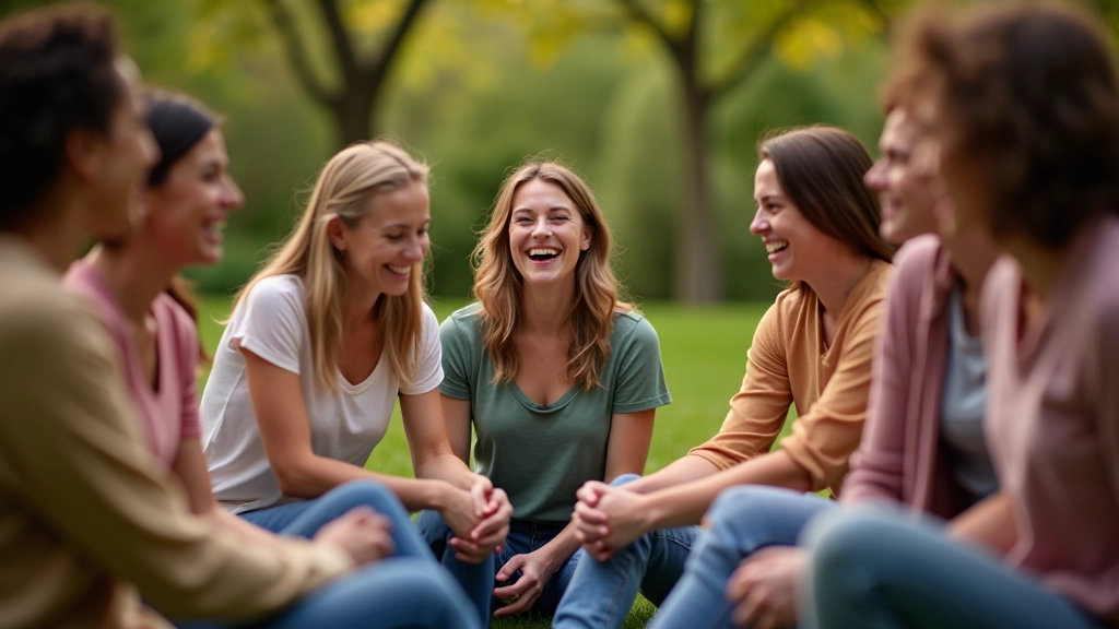 Groupe de personnes assises ensemble en cercle, riant et conversant, environnement chaleureux et inclusif