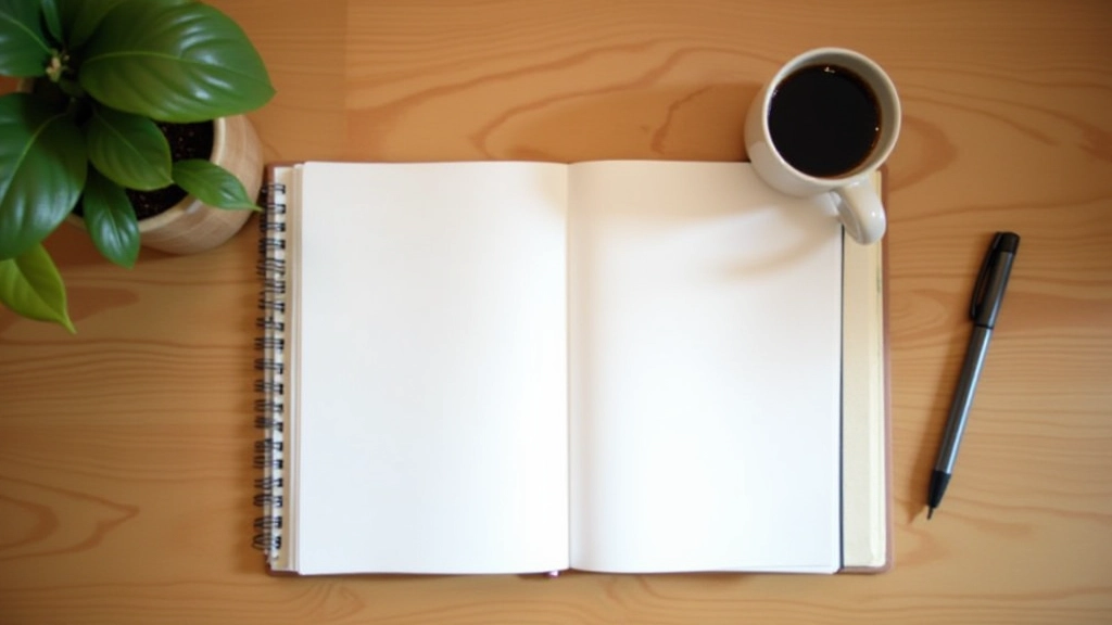 Carnet ouvert avec stylo, tasse de café, sur une surface en bois clair avec cahier d'exercices, ambiance calme et minimaliste