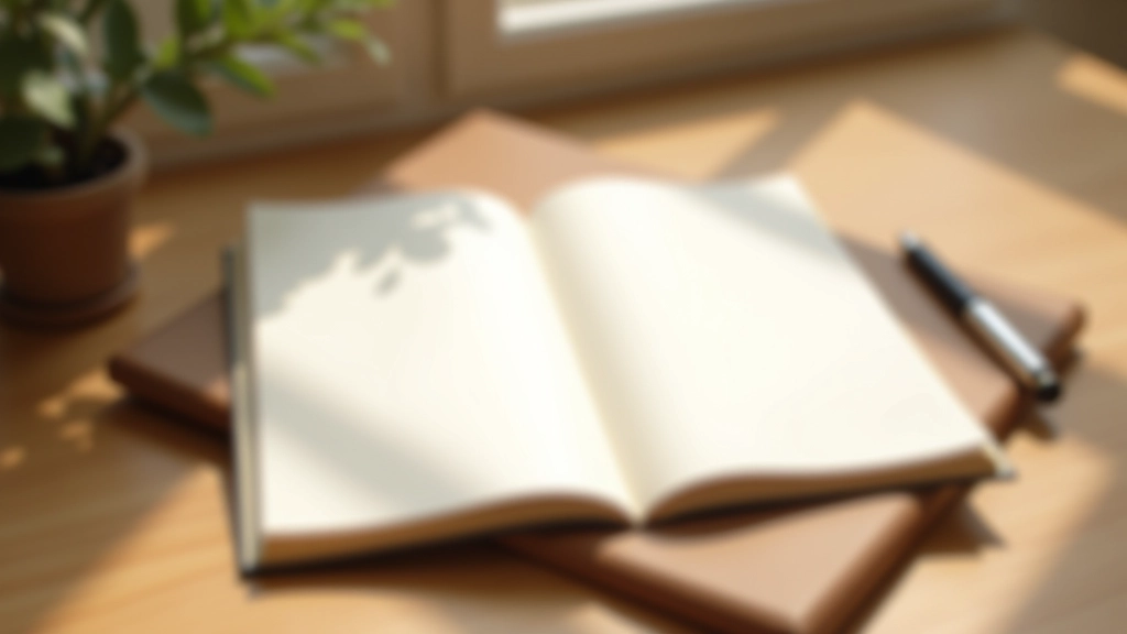 Carnet de journal ouvert avec un stylo sur un bureau en bois, lumière naturelle chaude