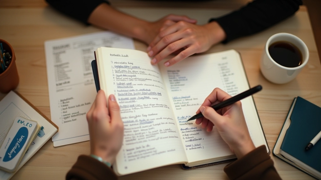 Mains tenant un stylo au-dessus d'un carnet ouvert, papiers dispersés autour, plans et notes, lumière douce, vue de dessus