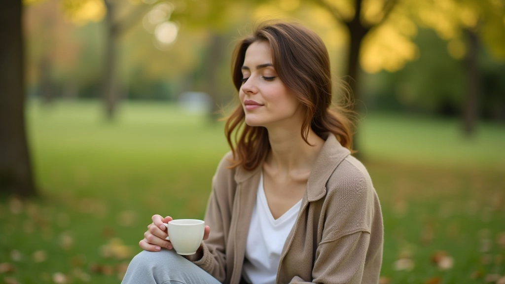 Personne en train de se détendre dans un espace naturel, assise dehors avec une tasse de thé