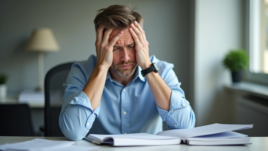 Personne assise avec tête dans les mains, frustrée, feuilles blanches vierges sur le bureau, ambiance de stress et confusion