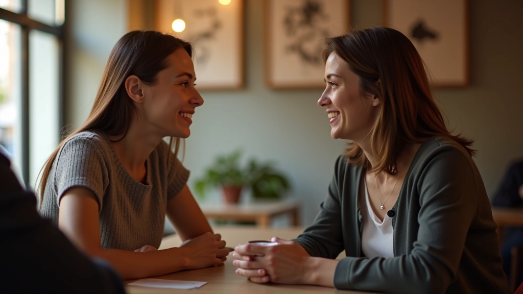 Deux personnes en conversation sincère dans un café, se regardant dans les yeux, atmosphère de confiance