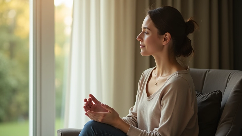 Femme en train de pratiquer la respiration consciente près d'une fenêtre avec vue sur la nature
