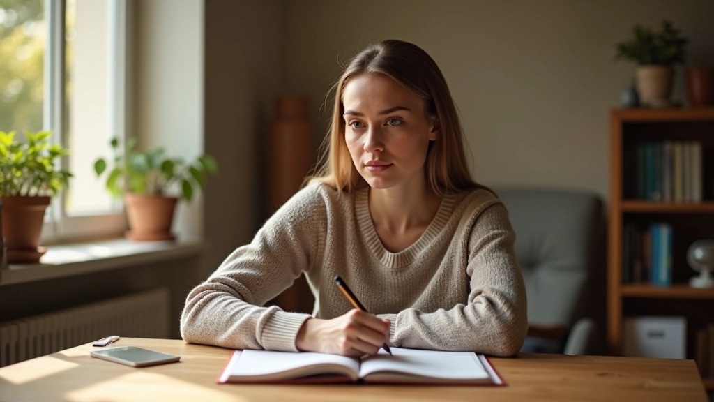 Femme assise à son bureau, écrivant dans un carnet, lumière naturelle du matin, expression concentrée et calme
