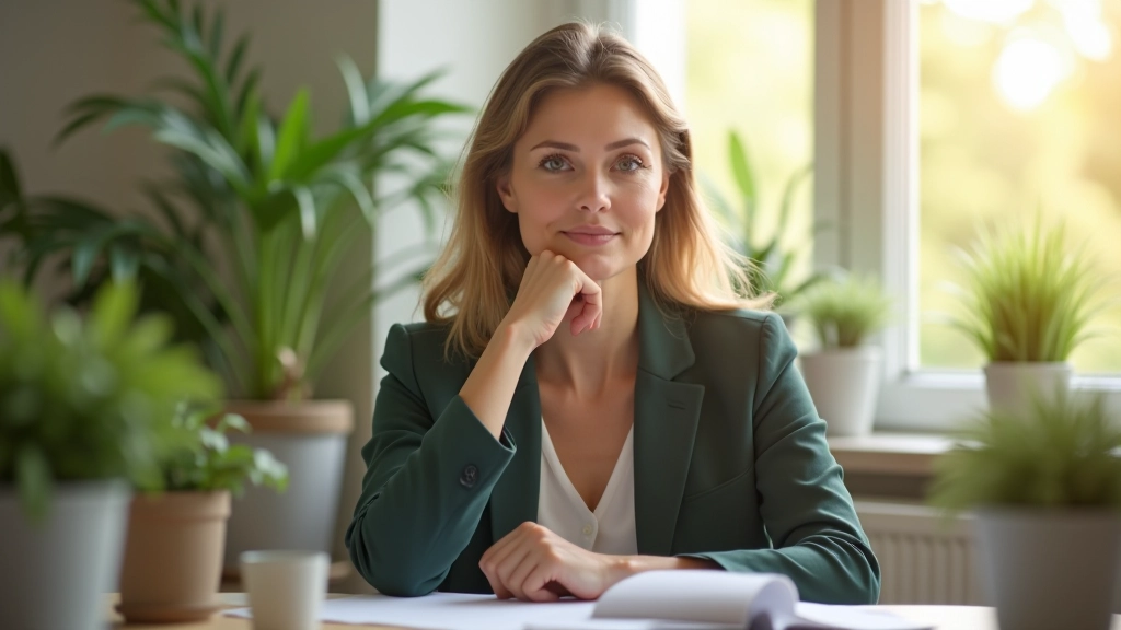 Personne assise à un bureau bien organisé avec plantes vertes et lumière naturelle