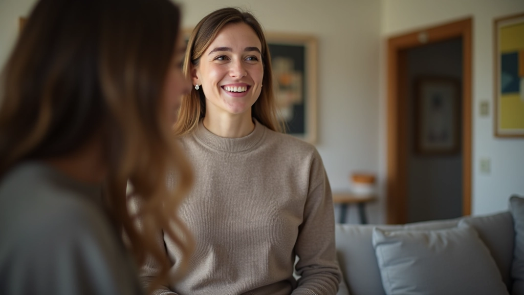Femme parlant avec un ami, expression honnête, environnement confortable et calme