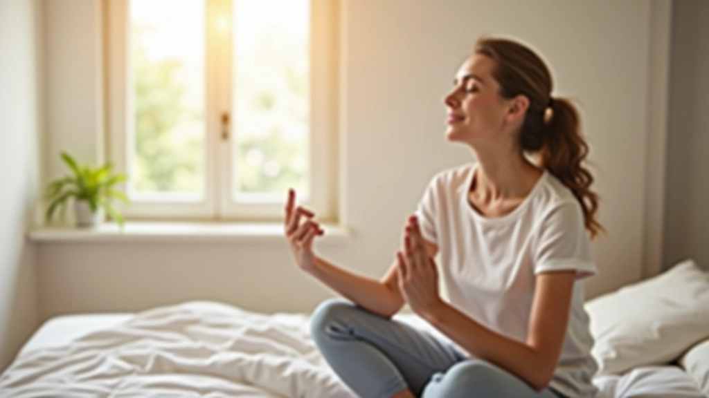 Personne pratiquant la respiration consciente le matin, assise sur un lit avec lumière naturelle