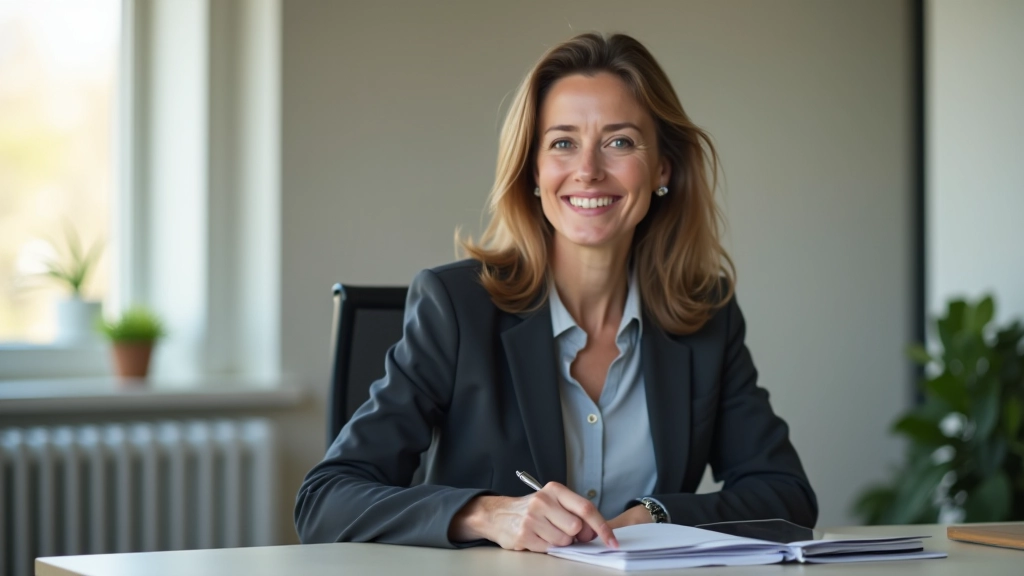 Femme professionnelle dans un bureau moderne avec notes et agenda, lumière naturelle, expression confiante et motivée